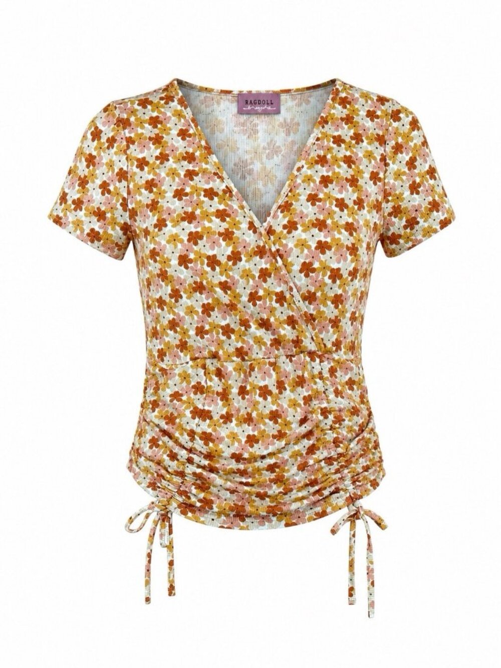 Rag Doll Women Top Size XS Orange Floral Stretch Ruched Adjustable Blouse
